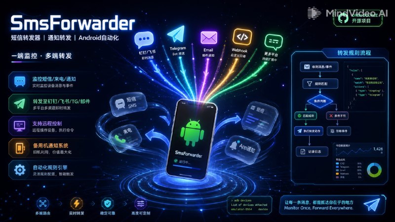 📲 🔁 SmsForwarder📦 短信转发器 ｜ 通知转发 ｜ Android自动化工具➤ 监控短信 / 来电 / App通知  ➤ 可转发到钉钉 / 飞书 / 企业微信 / 邮件 / Webhook  ➤ 支持 Telegram / Bark / PushPlus 等多平台  ➤ 支持远程控制（查短信 / 查通话 / 查电量）  ➤ 可做备用机自动通知系统  ➤ 支持自动化任务与规则转发  ➤ 开源 Android 工具  🌐 项目地址