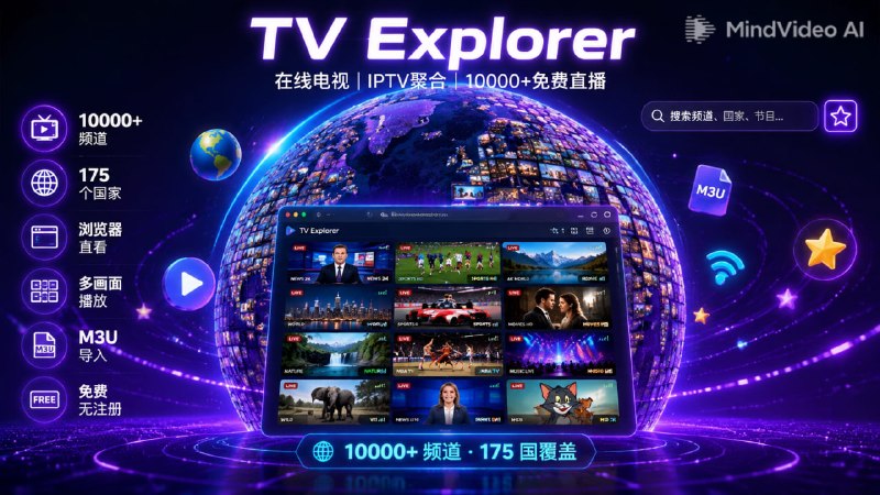 📺 🔁 TV Explorer📦 在线电视 ｜ IPTV聚合 ｜ 免费直播➤ 收录 10000+ 电视频道➤ 覆盖 175 个国家和地区➤ 浏览器直接观看➤ 支持频道搜索与收藏➤ 多画面同时播放➤ 支持 M3U 播放列表导入🌐 访问地址