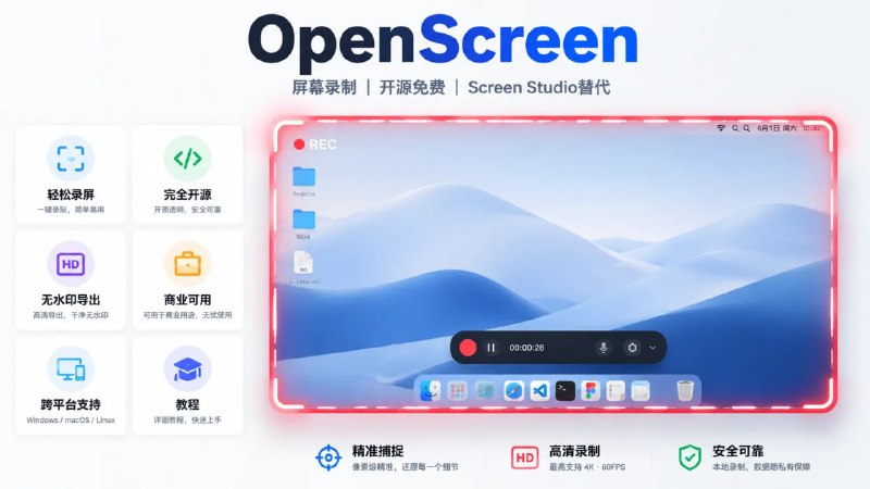 🔁 OpenScreen📦 屏幕录制 ｜ 开源免费 ｜ Screen Studio替代➤ 屏幕录制｜轻松录制桌面与应用窗口➤ 开源免费｜完全开源，无需订阅➤ 无水印｜导出视频不添加任何水印➤ 商业可用｜支持个人与商业用途➤ 跨平台支持｜Windows / Linux / macOS➤ Screen Studio替代｜适合教程与演示录制🌐 GitHub